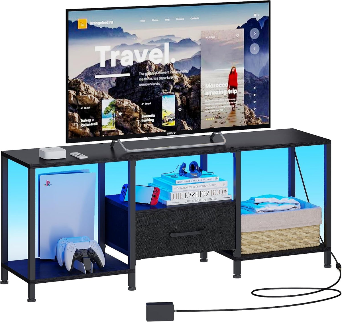LED TV Stand For 55 Inch TVs With Open Shelves Black