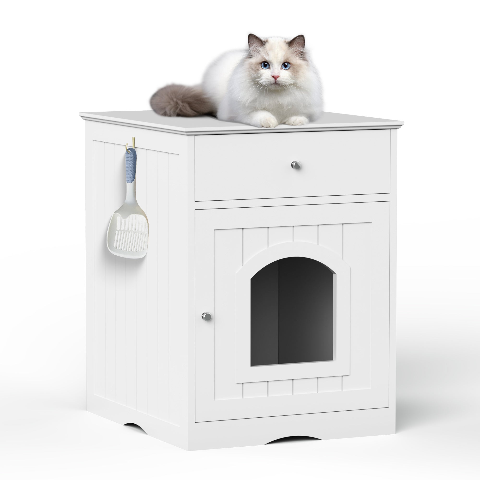 Wooden Cat Litter Box Enclosure with Drawer – MDF Pet House Side Table