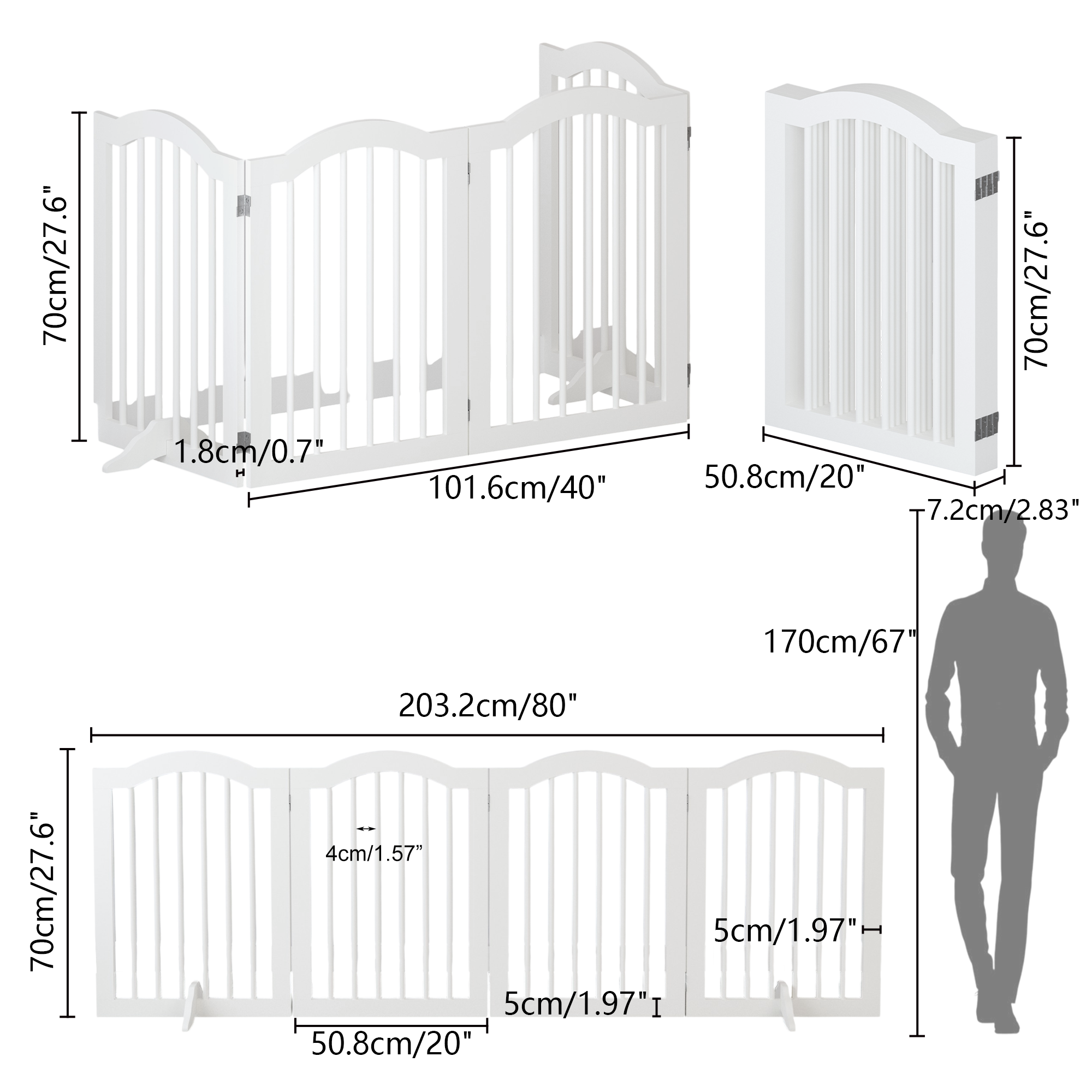 27.6" Tall Freestanding Wooden Pet Gate – Foldable 4-Panel Dog Safety