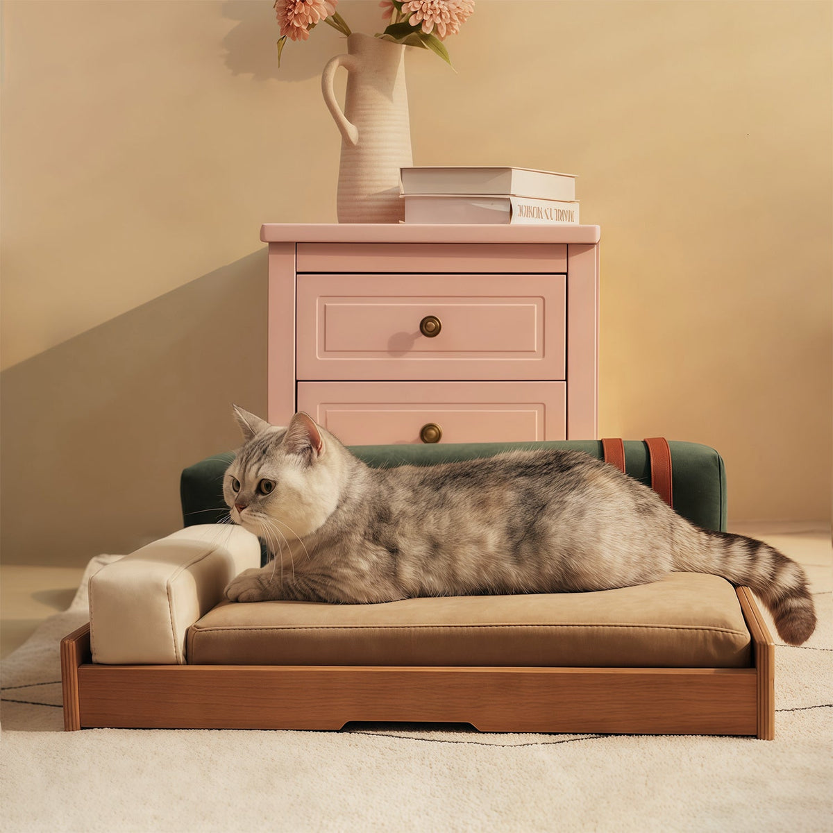 Modern Wooden Pet Bed for Cats & Dogs – Oak Veneer Frame with