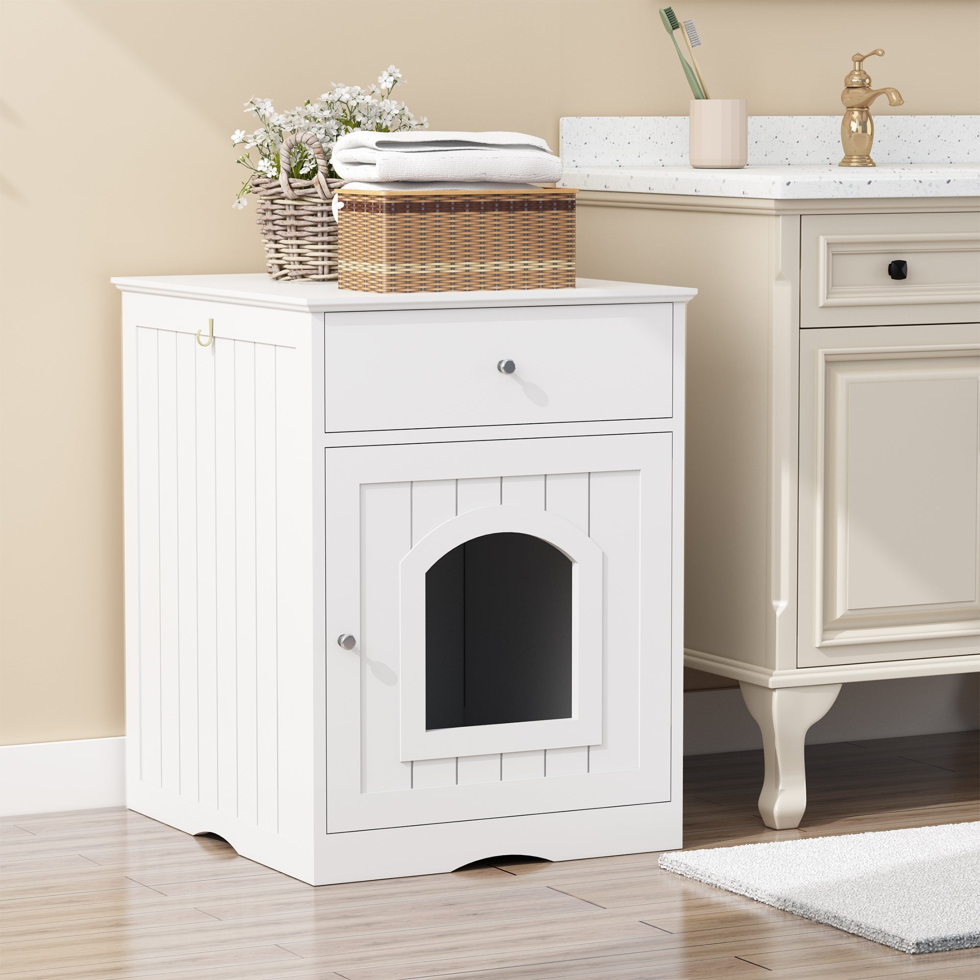 Wooden Cat Litter Box Enclosure with Drawer – MDF Pet House Side Table
