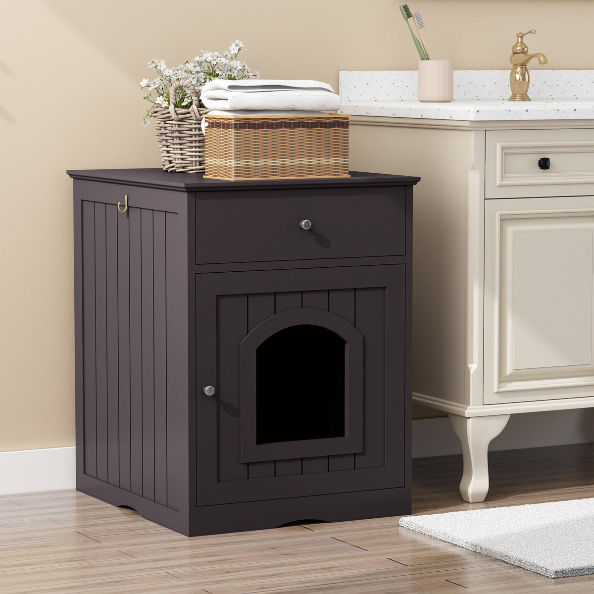 Wooden Cat Litter Box Enclosure with Drawer – MDF Pet House Side Table