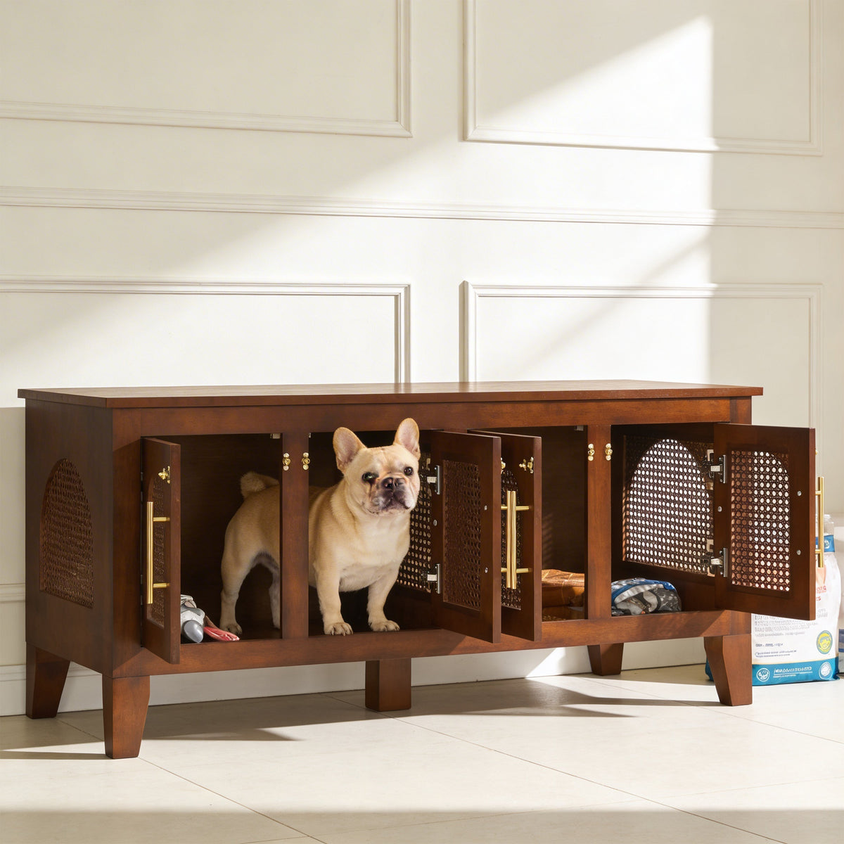 Rattan Wooden Dog Crate Cabinet with Storage – Indoor Rubber Wood Pet
