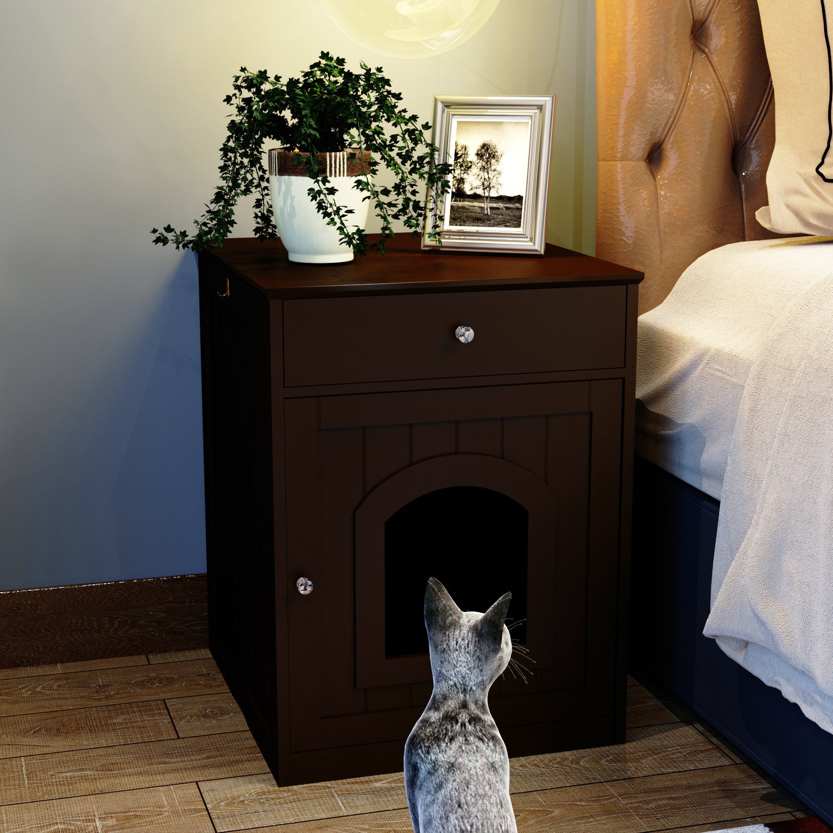 Wooden Cat Litter Box Enclosure with Drawer – MDF Pet House Side Table
