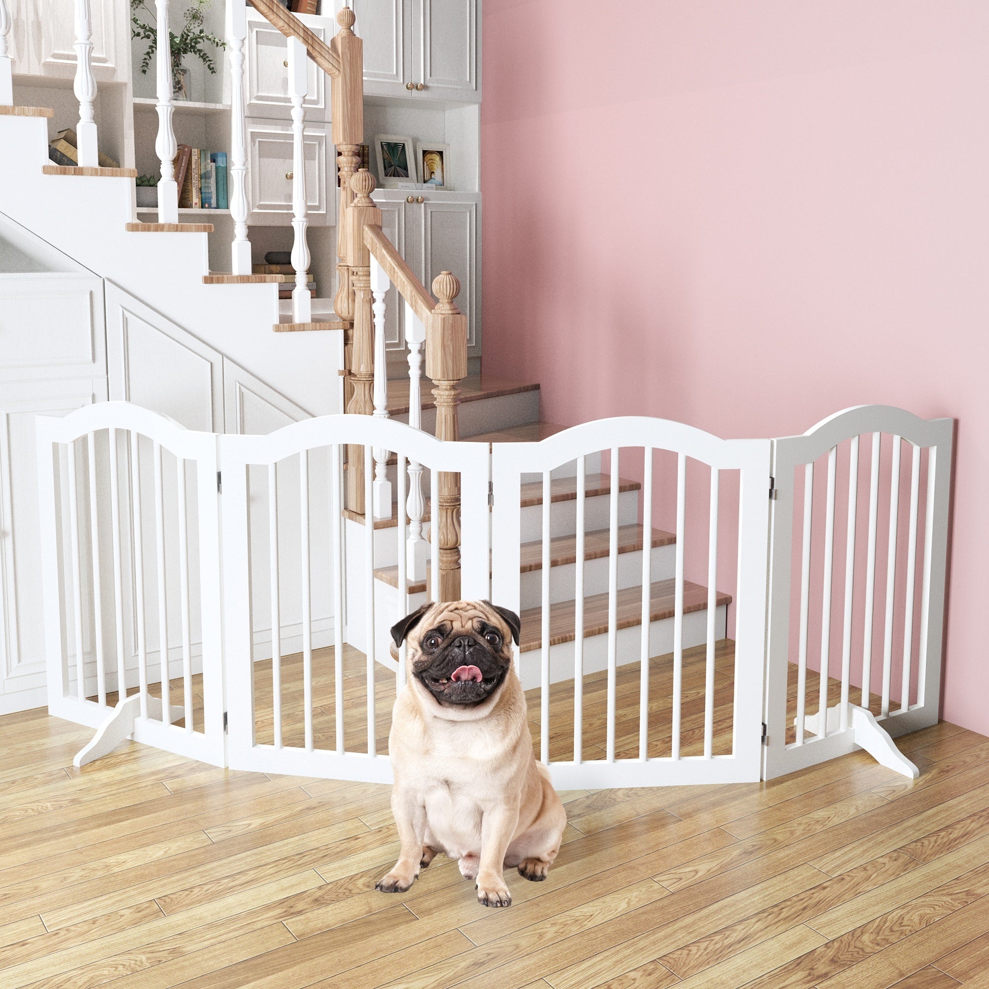 27.6" Tall Freestanding Wooden Pet Gate – Foldable 4-Panel Dog Safety