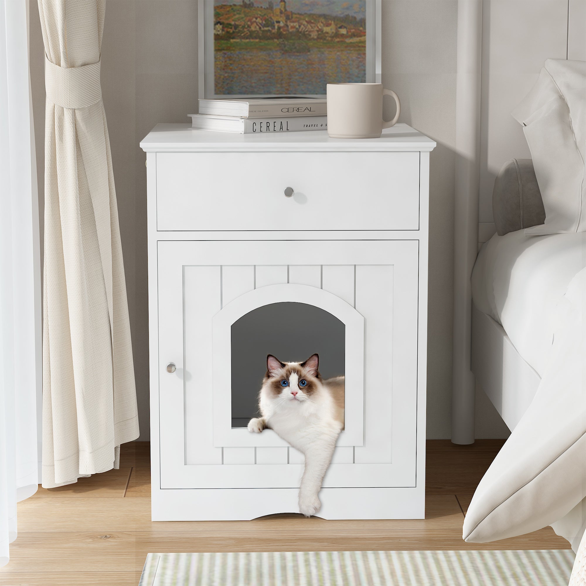 Wooden Cat Litter Box Enclosure with Drawer – MDF Pet House Side Table