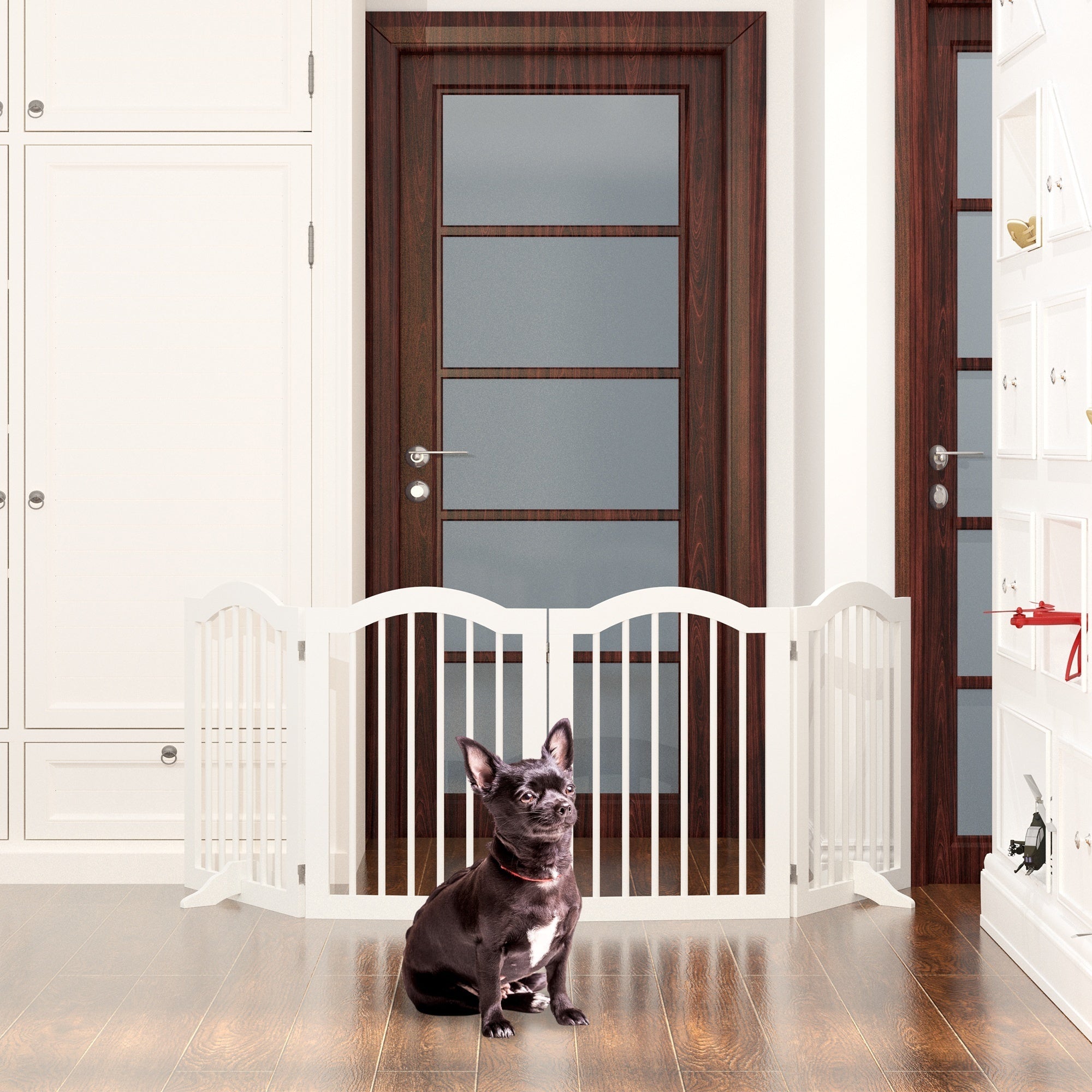 27.6" Tall Freestanding Wooden Pet Gate – Foldable 4-Panel Dog Safety