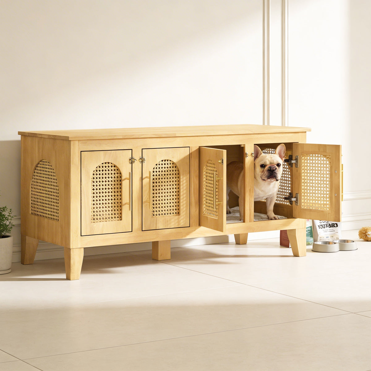 Rattan Wooden Dog Crate Cabinet with Storage – Indoor Rubber Wood Pet