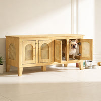 Rattan Wooden Dog Crate Cabinet with Storage – Indoor Rubber Wood Pet