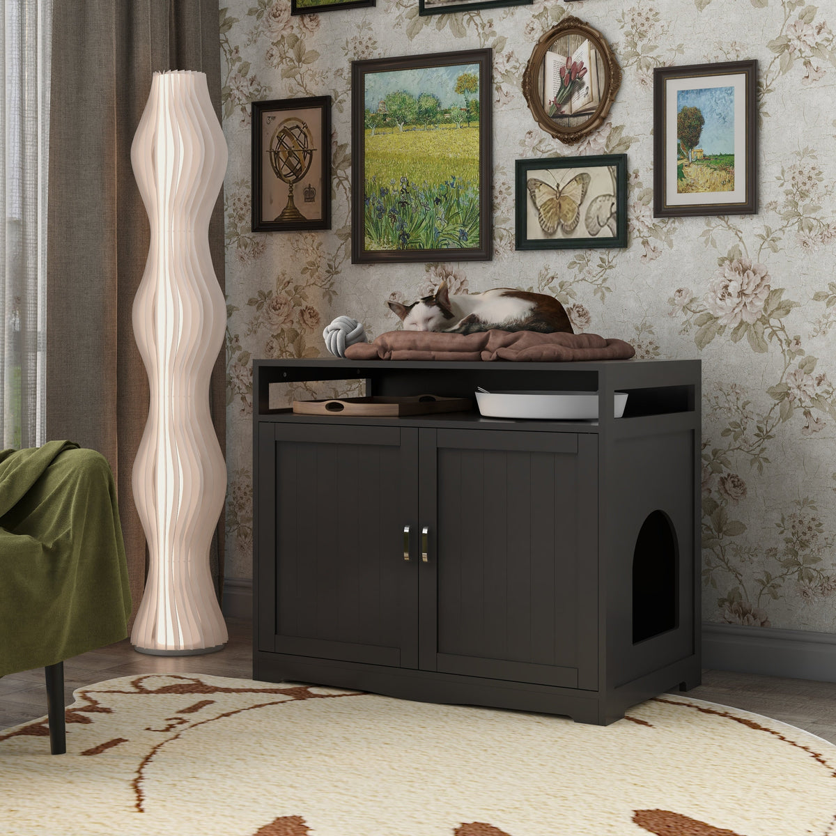 Hidden Cat Litter Box Furniture with Storage Bench , Wooden Pet House