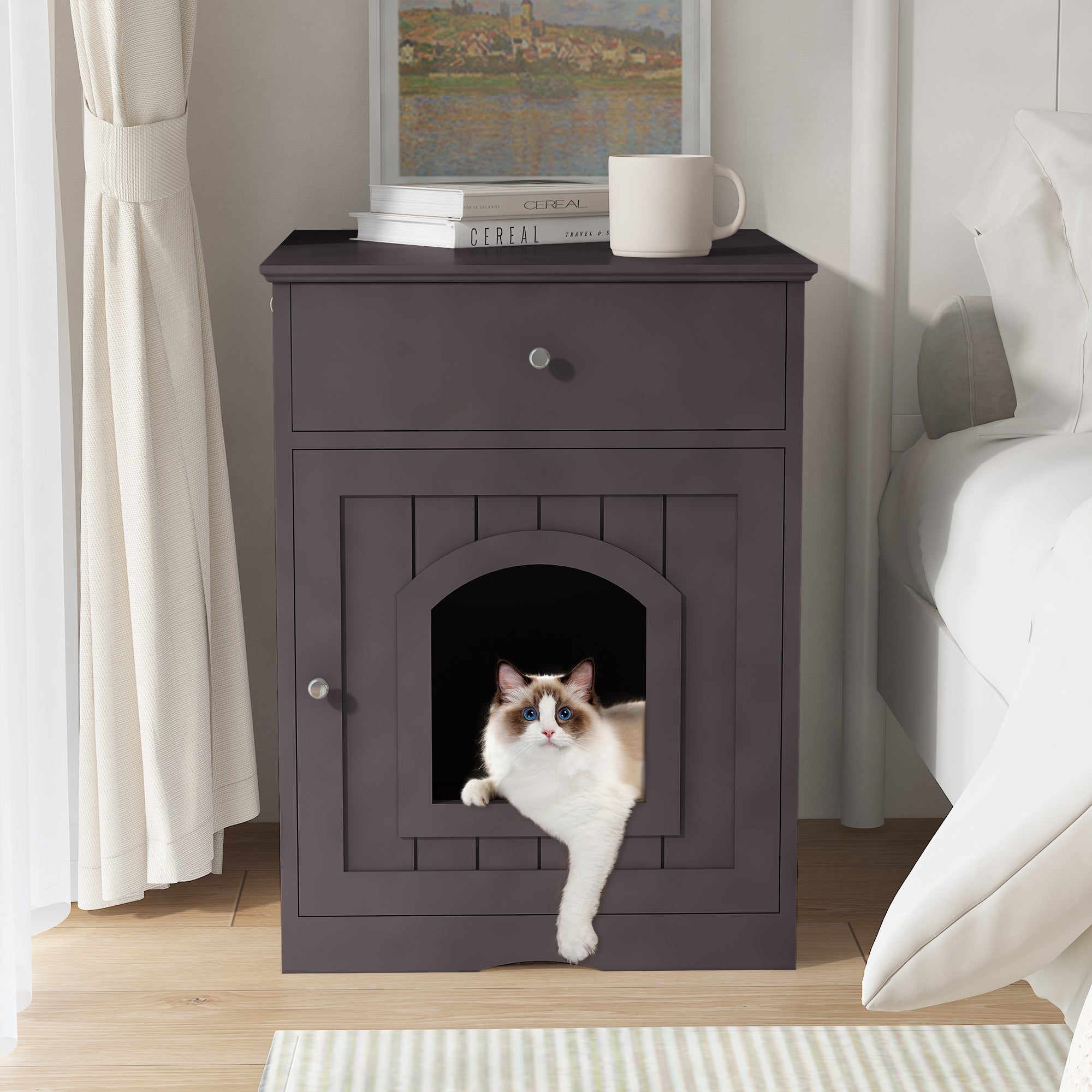 Wooden Cat Litter Box Enclosure with Drawer – MDF Pet House Side Table