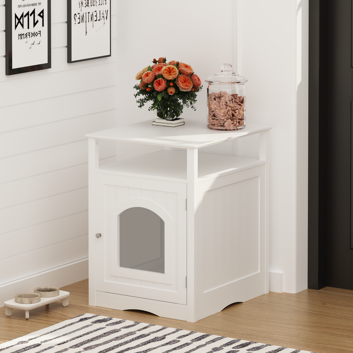 Modern Cat Litter Box Enclosure Furniture – White Wooden Hidden Cat