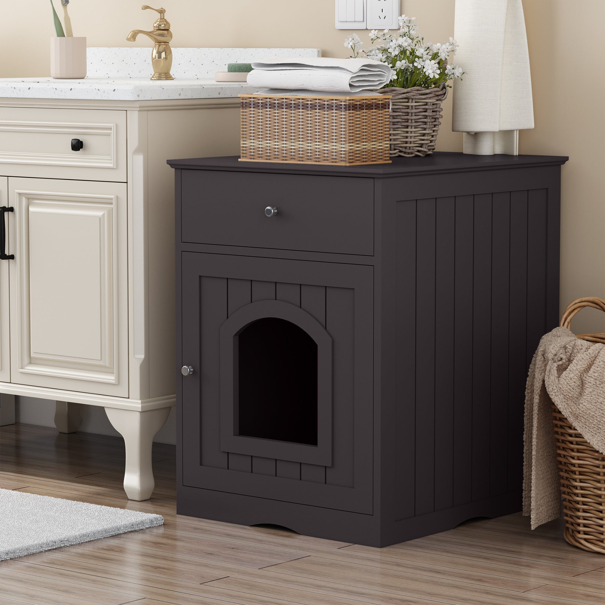 Wooden Cat Litter Box Enclosure with Drawer – MDF Pet House Side Table
