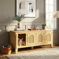 Rattan Wooden Dog Crate Cabinet with Storage – Indoor Rubber Wood Pet