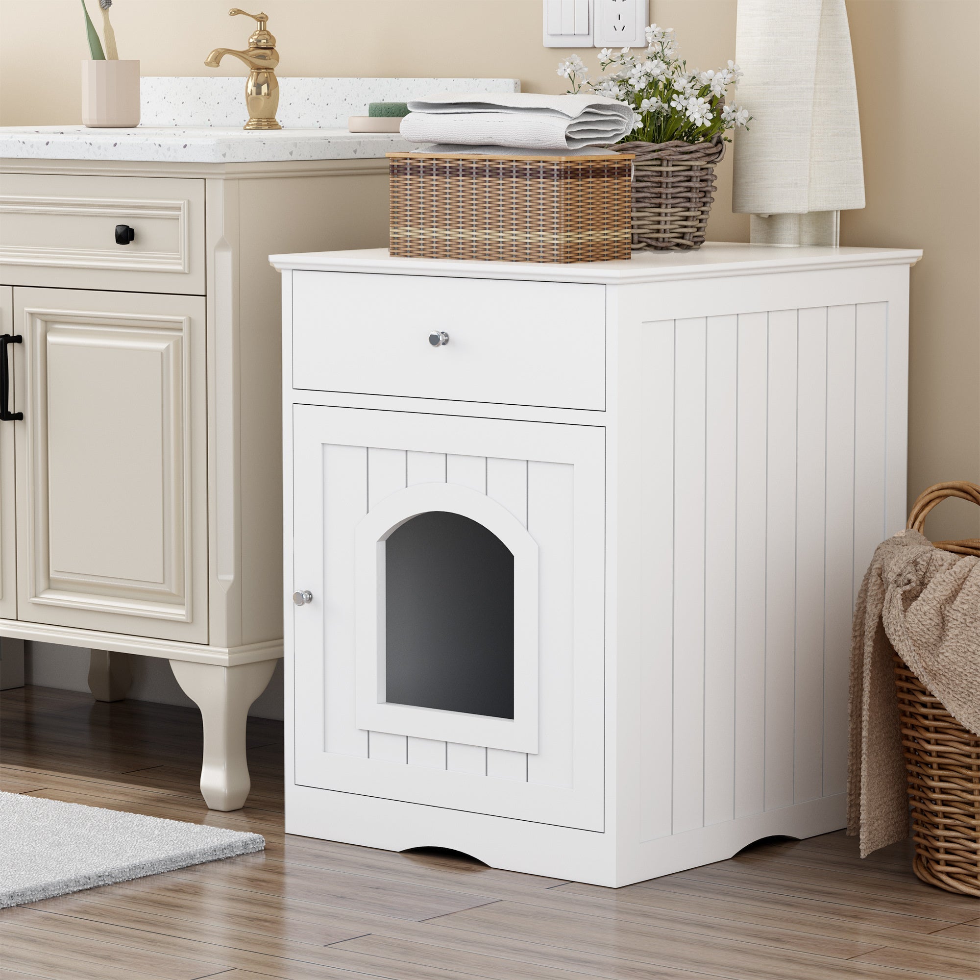 Wooden Cat Litter Box Enclosure with Drawer – MDF Pet House Side Table