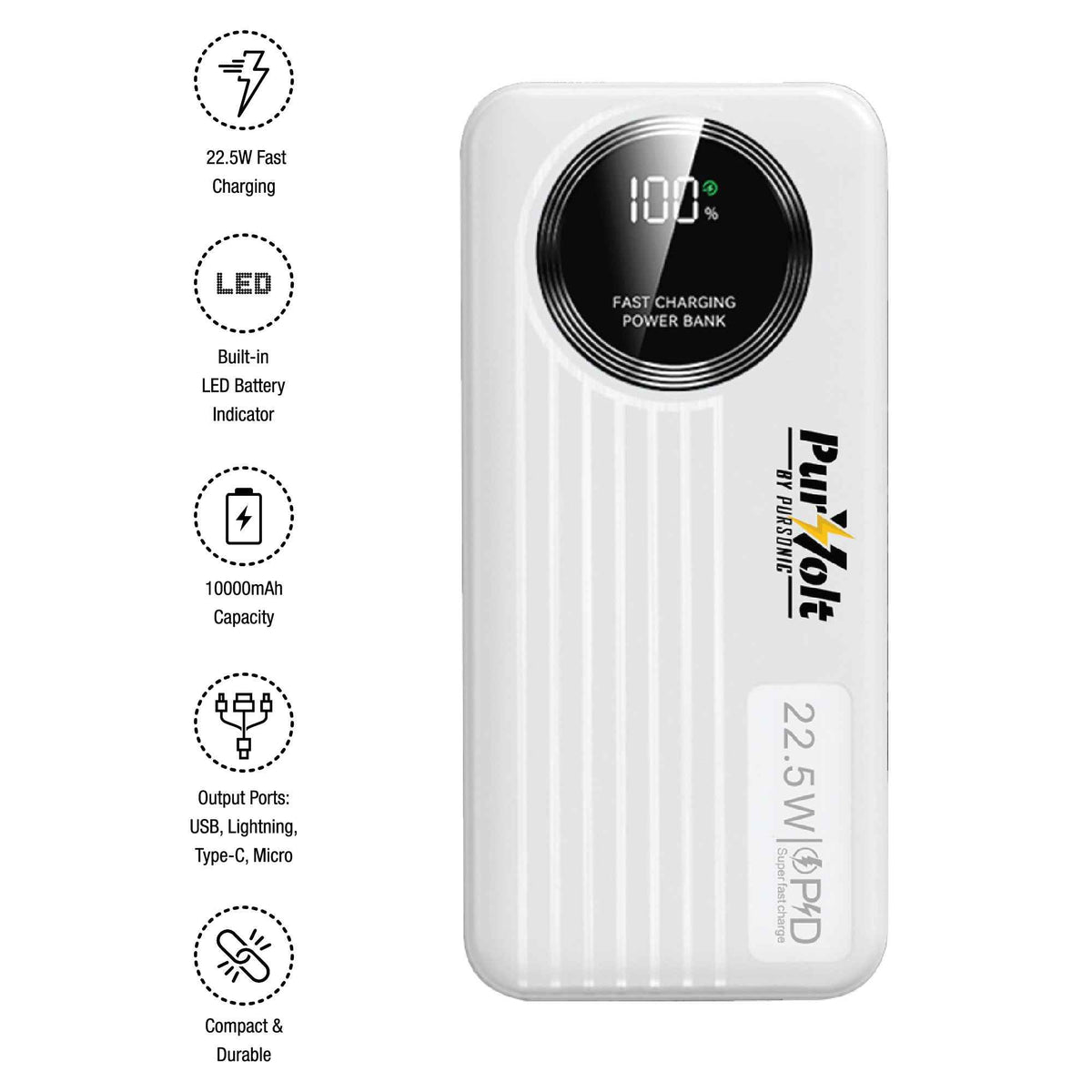 Pursonic 10,000mAh LED Fast Charging Power Bank – Built-in Cables, 22.5W Output, Type-C/USB/Lightning Compatibility