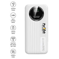 Pursonic 10,000mAh LED Fast Charging Power Bank – Built-in Cables, 22.5W Output, Type-C/USB/Lightning Compatibility