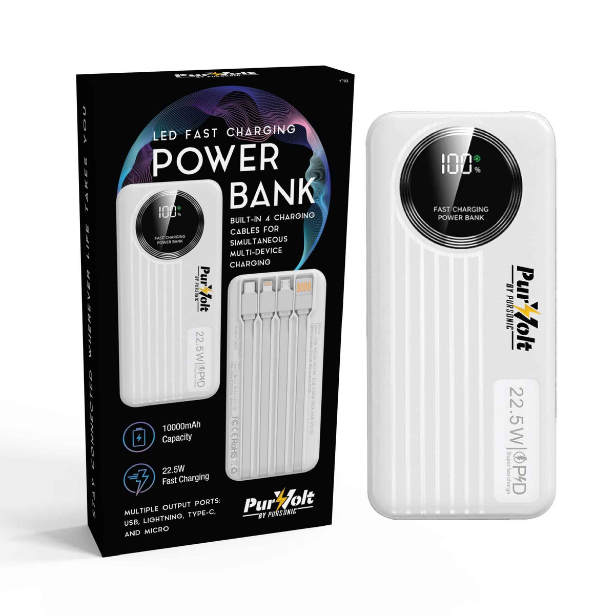 Pursonic 10,000mAh LED Fast Charging Power Bank – Built-in Cables, 22.5W Output, Type-C/USB/Lightning Compatibility
