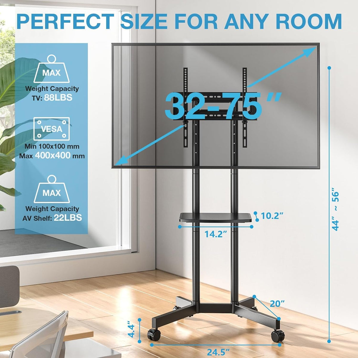 Rolling TV Stand 32-75 Inch With Height Adjustable Shelf