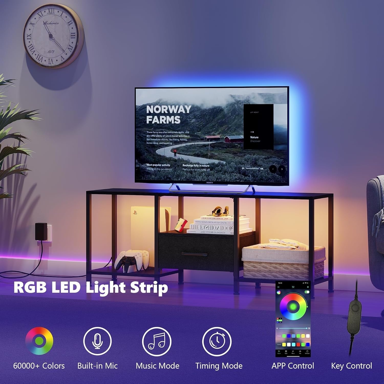 LED TV Stand For 55 Inch TVs With Open Shelves Black