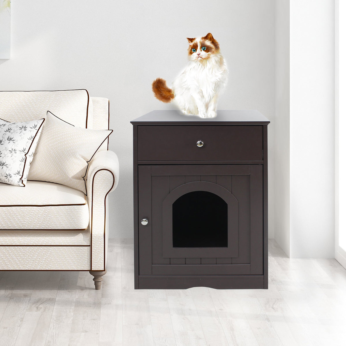 Wooden Cat Litter Box Enclosure with Drawer – MDF Pet House Side Table