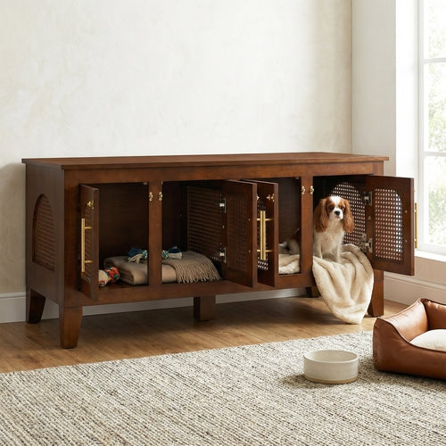 Rattan Wooden Dog Crate Cabinet with Storage – Indoor Rubber Wood Pet
