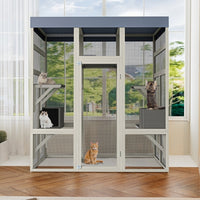Gray Wooden Outdoor Catio Pet Enclosure – Waterproof Cat House & Small